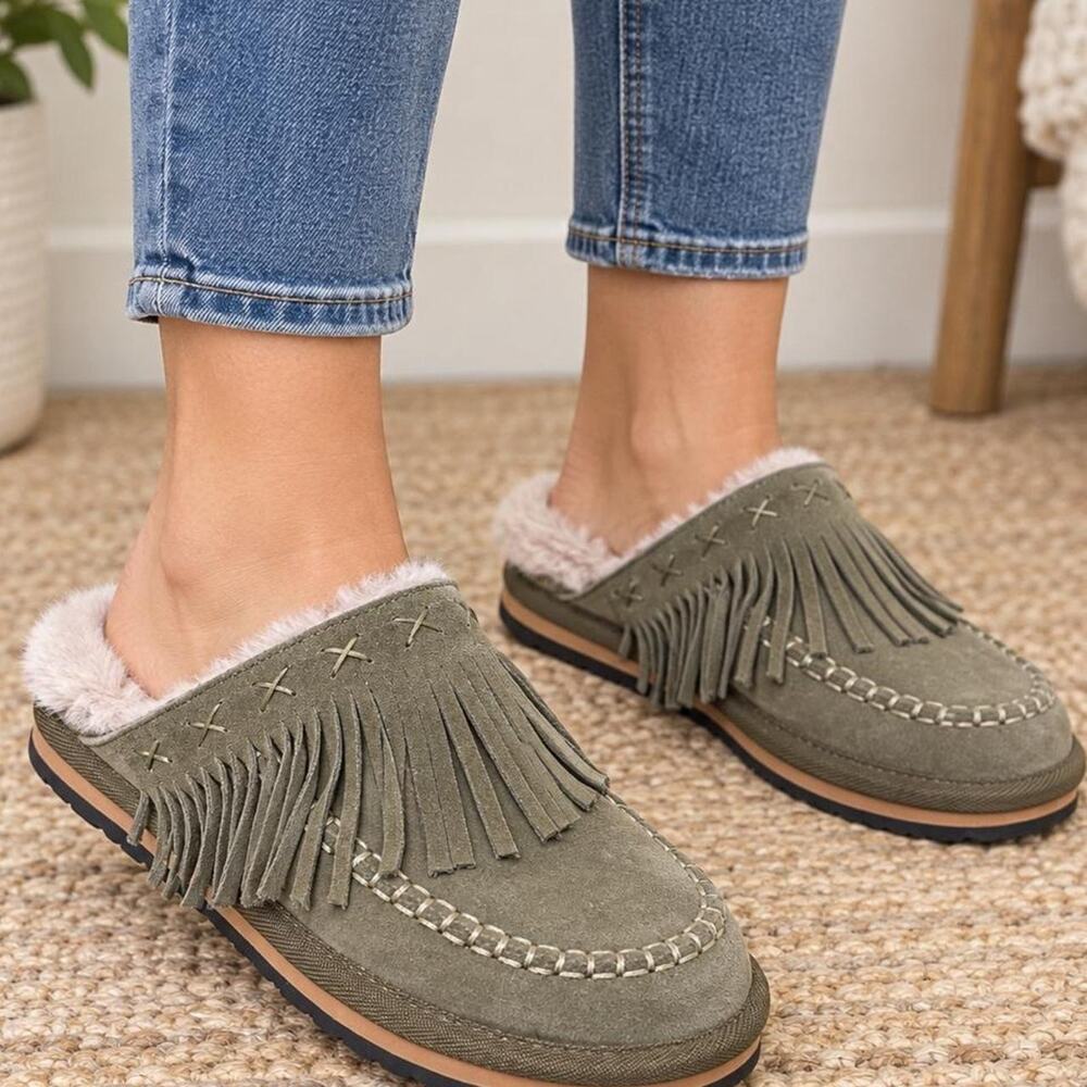 Free People Olive Suede Fringe Faux Fur Mule Clogs Boho Western Shoes